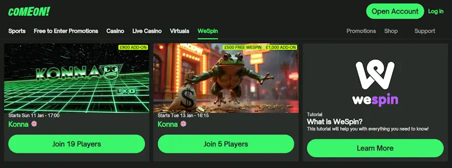 ComeOn Casino WeSpin Screenshot